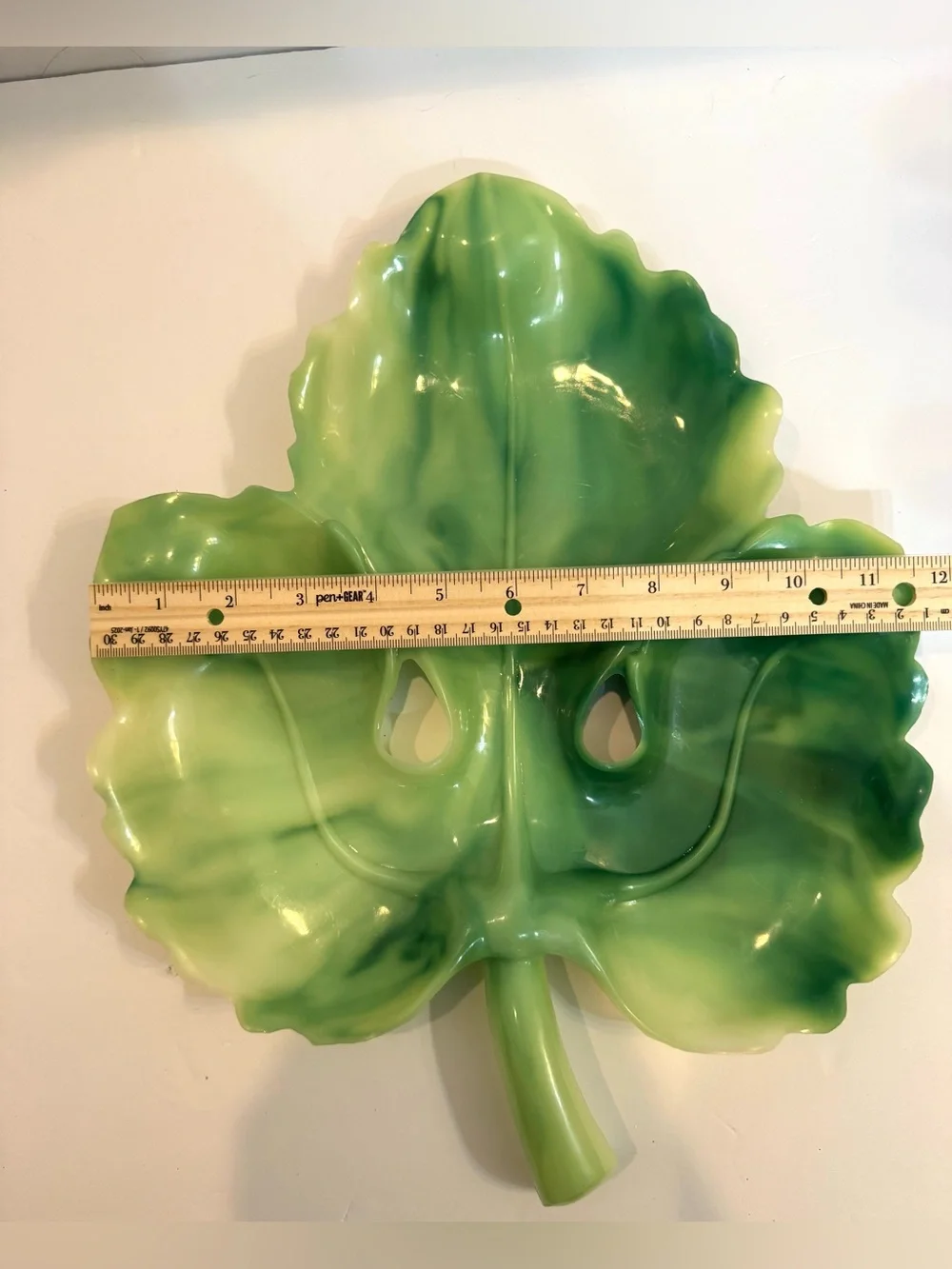 Vtg Serving Tray Cabbage Leaf MCM Green Plastic Swirl Party Platter A Lucky Wish